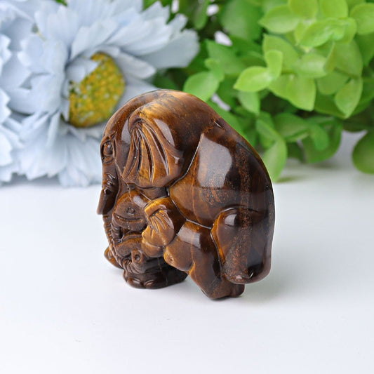 1.8" Yellow Tiger's Eye Elephant Baby & Mother Crystal Carvings Wholesale Crystals