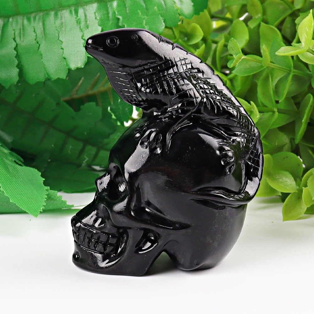 2.8" Black Obsidian Skull with Lizard Decoration Carvings Wholesale Crystals