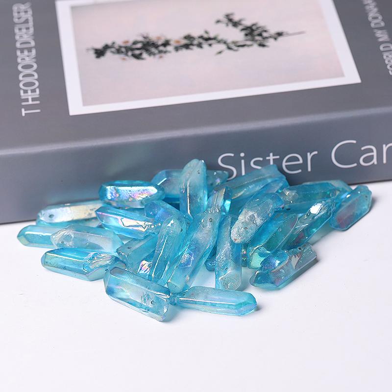 Drilled Blue Aura Quartz Crystal Points Raw Rough Clear Rock Quartz Sticks Wholesale Crystals