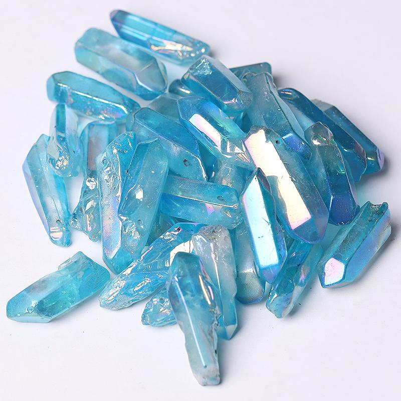 Drilled Blue Aura Quartz Crystal Points Raw Rough Clear Rock Quartz Sticks Wholesale Crystals