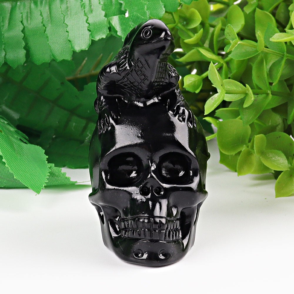 2.8" Black Obsidian Skull with Lizard Decoration Carvings Wholesale Crystals