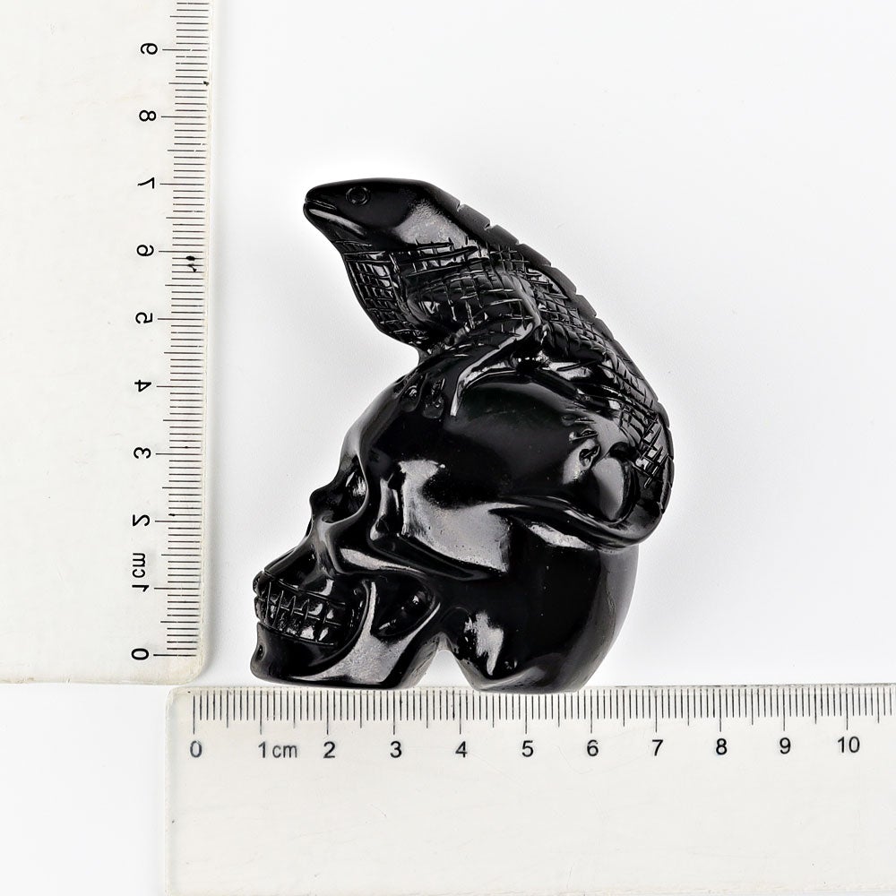 2.8" Black Obsidian Skull with Lizard Decoration Carvings Wholesale Crystals