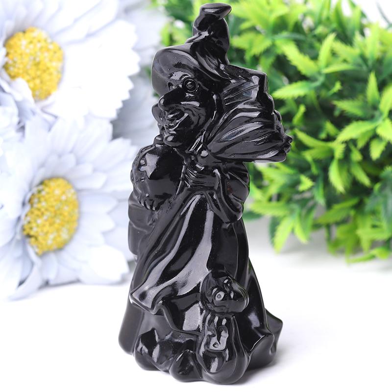 4.5" Black Obsdian Witch Crystal Carvings for Halloween Wholesale Crystals