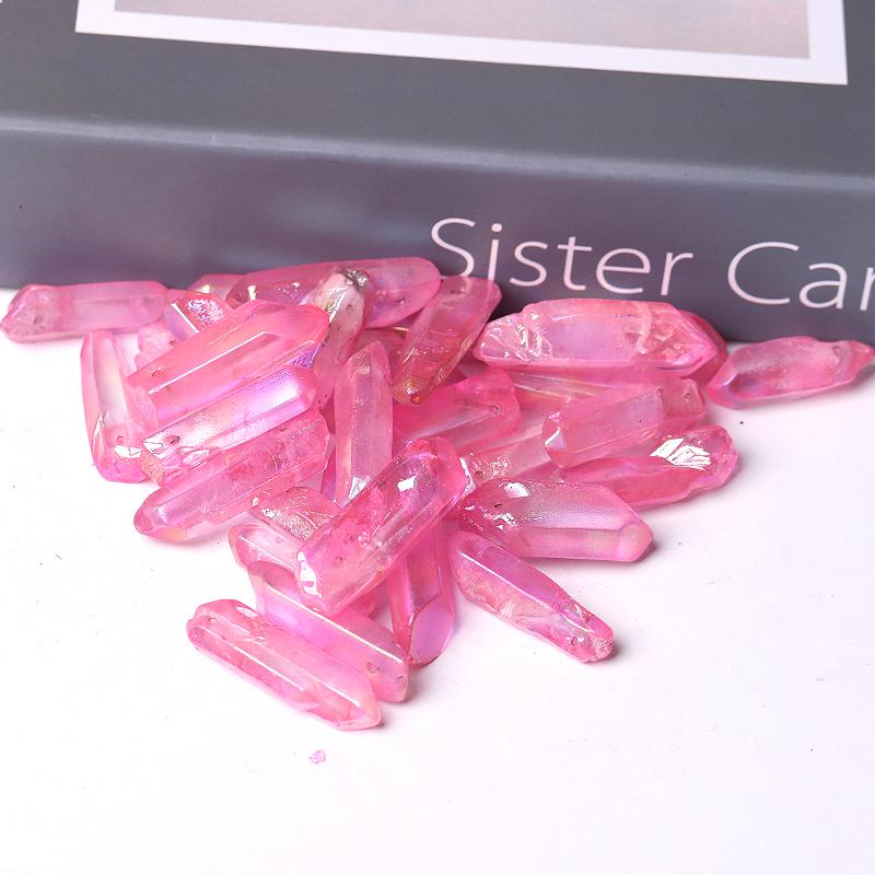 Drilled Pink Aura Quartz Crystal Points Raw Rough Clear Rock Quartz Sticks Wholesale Crystals