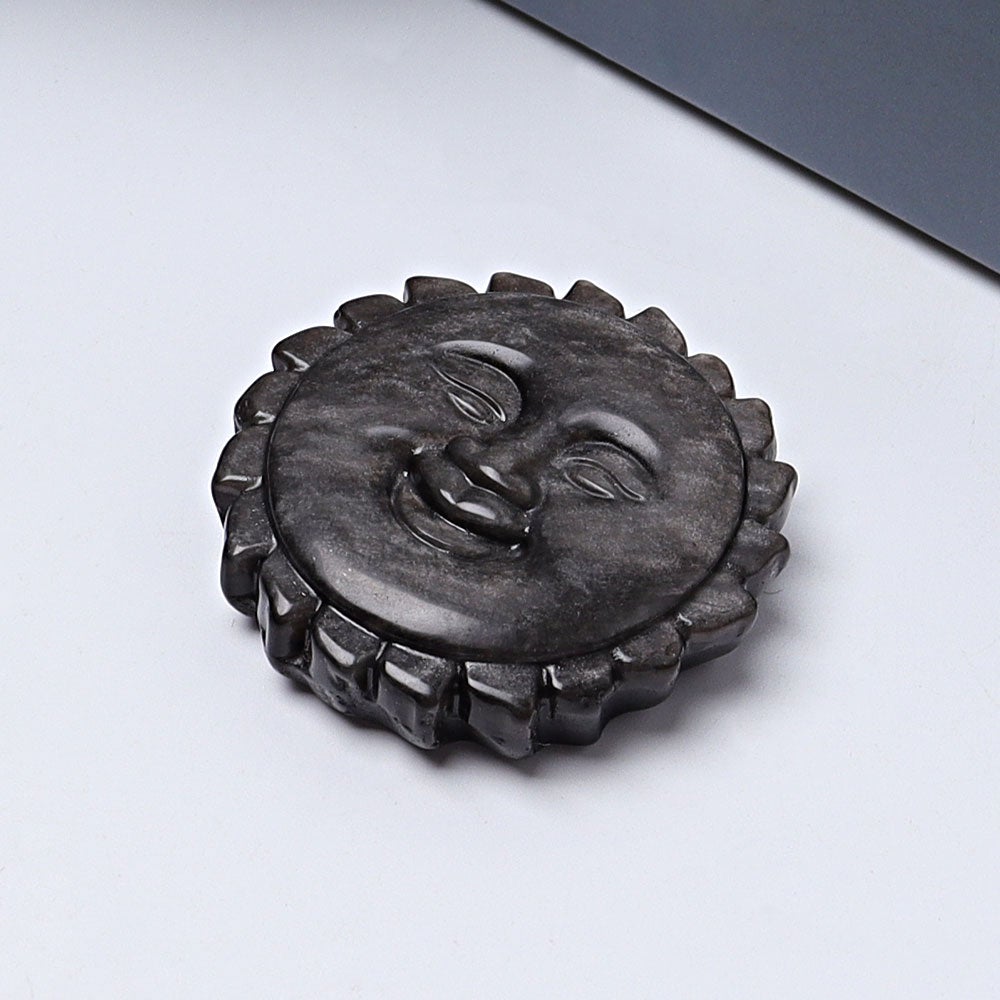 2" Silver Obsidian Sun Face Crystal Carving Wholesale Crystals